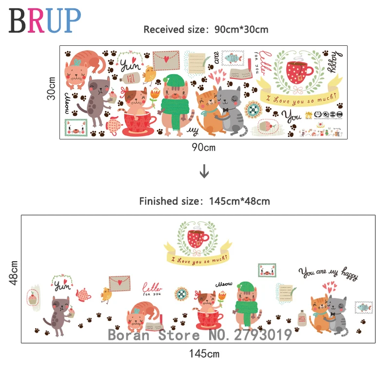 145*48cm Cartoon Cats Kitchen Wall Stickers Lovely Animals Home Decor for Kids Room Art Decorative Vinyls for Walls Waterproof