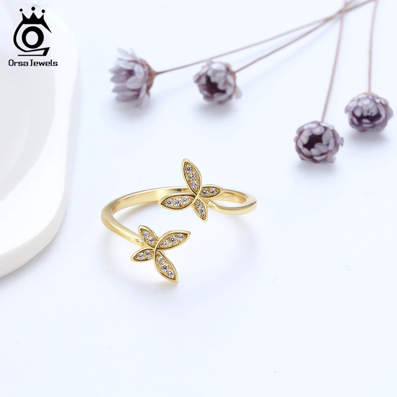 ORSA JEWELS Fashion Silver 925 Adjustable Rings Flower Design Sterling Silver Ring with Austrian Cubic Zirconia for Women SR10