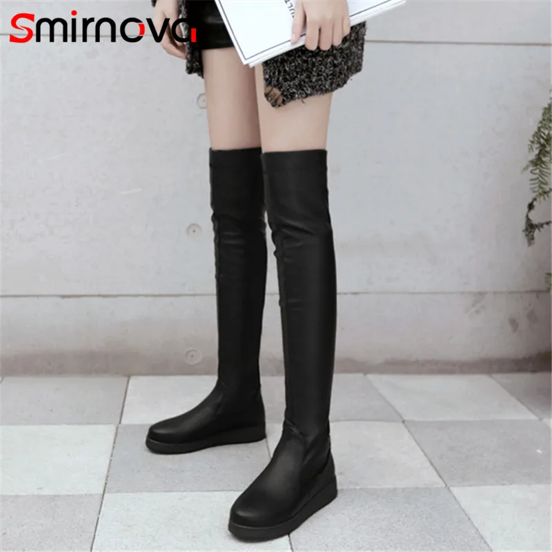 

Smirnova NEW arrive large size long boots 2020 ladies pu leather woman boots med heel winter thigh high boots platform shoes