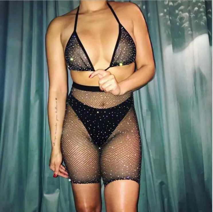 

Women's Underwear Sexy Hot Drilling Fishnet Bra Set.Temptation Brassiere Fishnets Bra&Leggings Sets.Rhinestones Lingerie Outfit