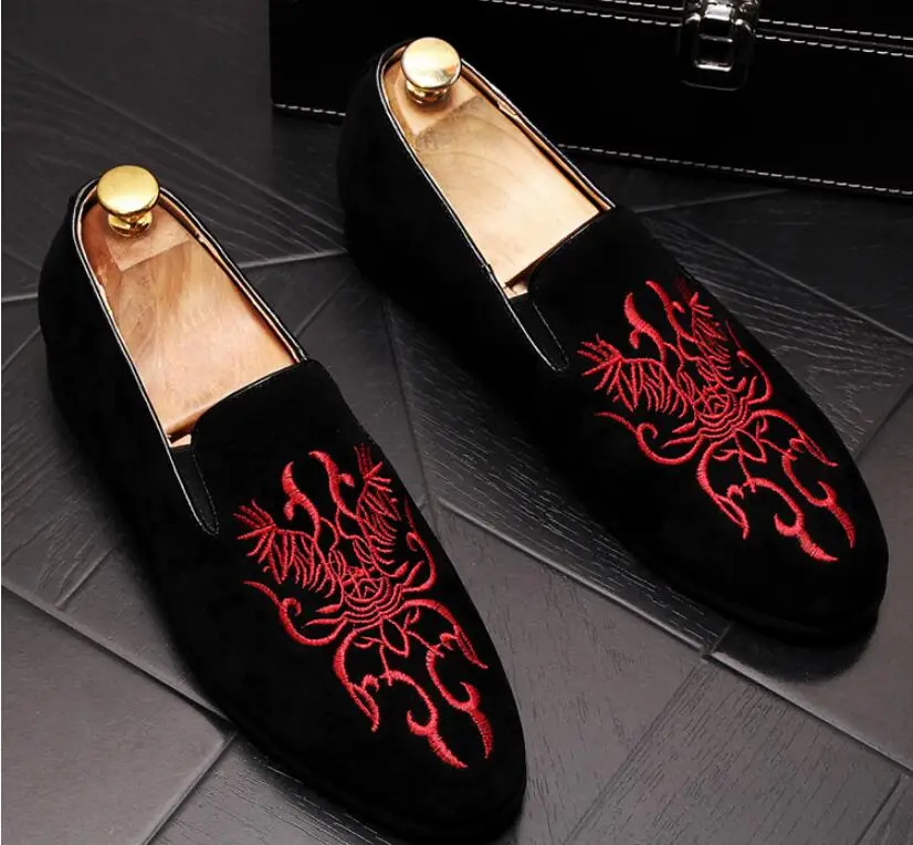 New Preto Para Mocassins Vermelho Mens E Sapatos Requintado Suede Festa vermelho Preto Casamento Baixos Homens Bordado Black Vestido Rgw6Rar