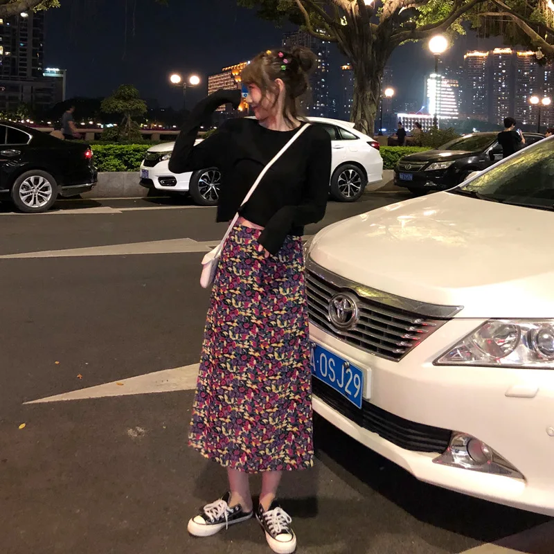 2019 женские юбки летний корейский стиль Тонкий длинный цветочный юбка Модный цветочный принт повседневные юбки
