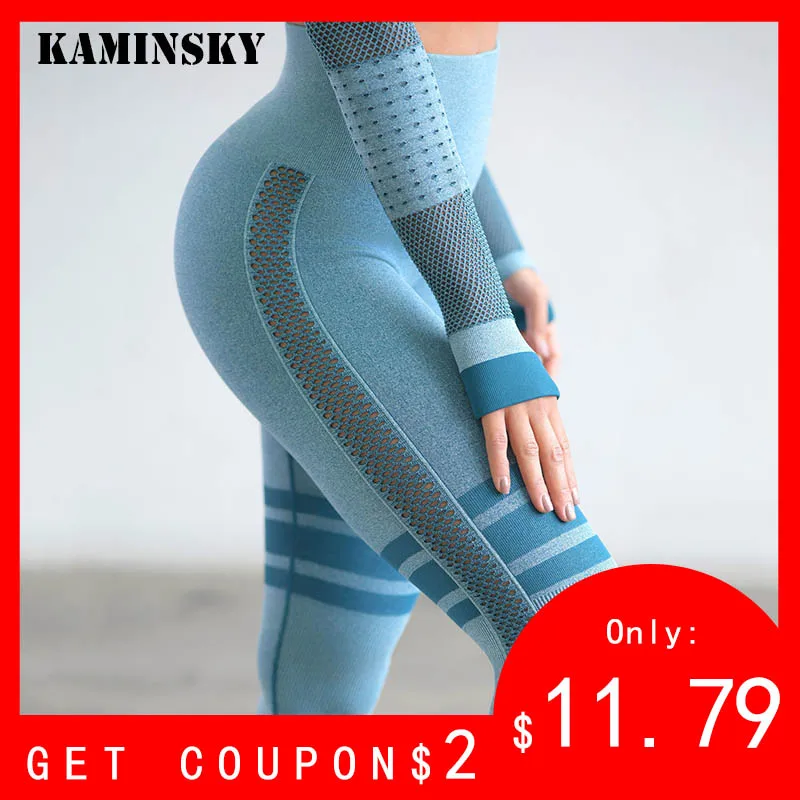 

Kaminsky Women High Waist Leggings High Waist Solid Seamless Pants Push Up Workout Leggings Female Striped Mesh Fitness Leggings