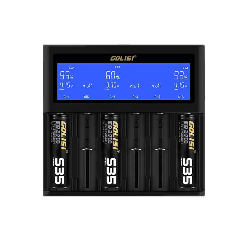 

AABB-Golisi S6 2A 1A 0.5A Intelligent Lcd Charger For 18650 26650 20700 21700 Li-Ion Ni-Mh Ni-Cd Aaaa Aaa Sc C Rechargeable Ba