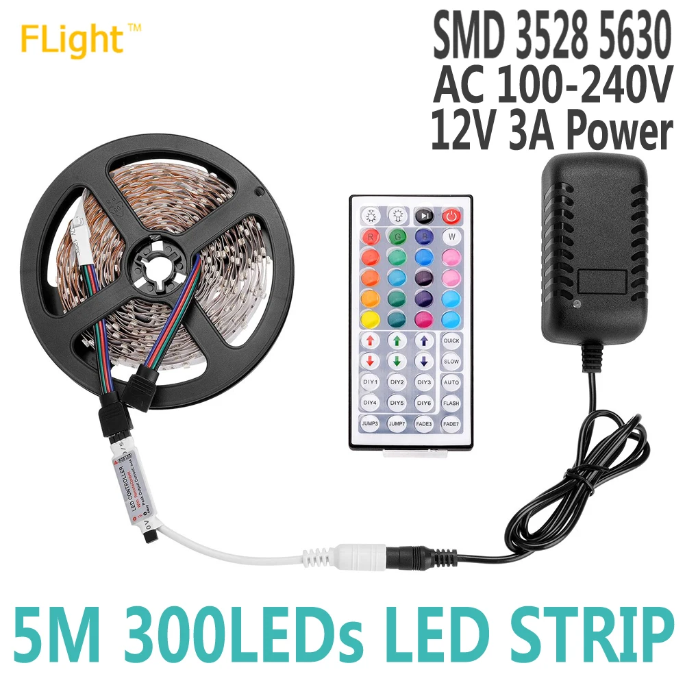 

RGB LED Strip 5630 3528 SMD 60pcs/m 5M LED Strip Light DC12V Flexible 44KEY IR Remote Controller 12V 3A Power Adapter