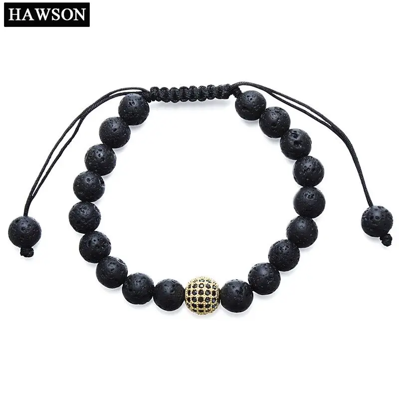 

HAWSON Black Natural Stone Beads Bracelets for Men Lava Volcanic Stone Bracelets with Crystal Accessories