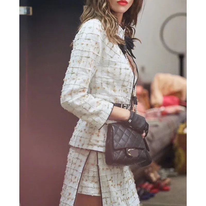 

EXCOSMIC Summer Women Two Pieces Skirt Fashion Long Sleeve Elegant White Gold Thread Jacket With Knee-Length Sheath Skirt 2019