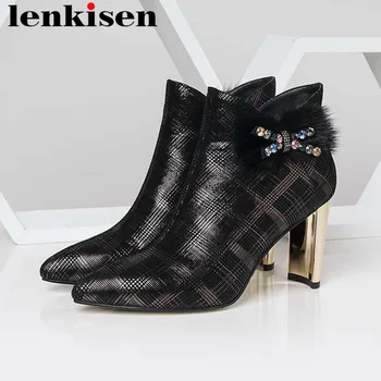 

2019 plus size pop gingham natural leather british style pointed toe high heels colorful crystals bow-knot fur western boots L65