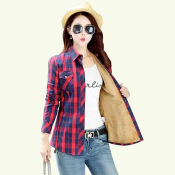 

Autumn Winter Cashmere Casual Blouse of Large Sizes Women Tops Female Fashion Long Sleeve Cotton Thick Warm Women's Plaid Shirts