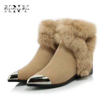 

Xiuningyan Snow Boots Warm Fur Winter Boots Designer Metal Pointed Toe Ankle Boots Easy Walking Square Heel Ladies Shoes Woman