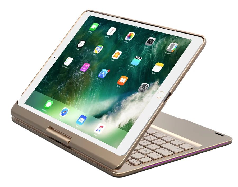360 г. роскошные вращающийся алюминиевый сплав чехол для iPad Pro 10,5 A1701 A1709 Цвет Подсветка Беспроводной покрытие клавиатуры Bluetooth + ручка + пленка