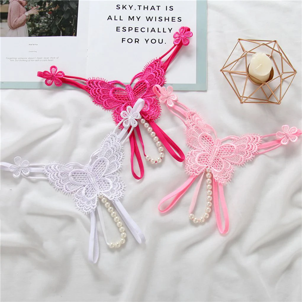 

Butterfly Lace Pearl Massage Women Flower Crothless Girl T-String Briefs Lingerie