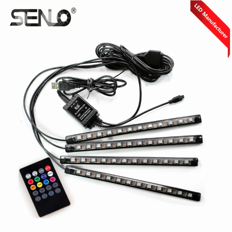 

One With 4 pcs 12Bulbs Colors RGB LED Car Atmosphere Light Decoration Lamp 12v Auto Car LED Interior Lights Glow Decorative Lamp