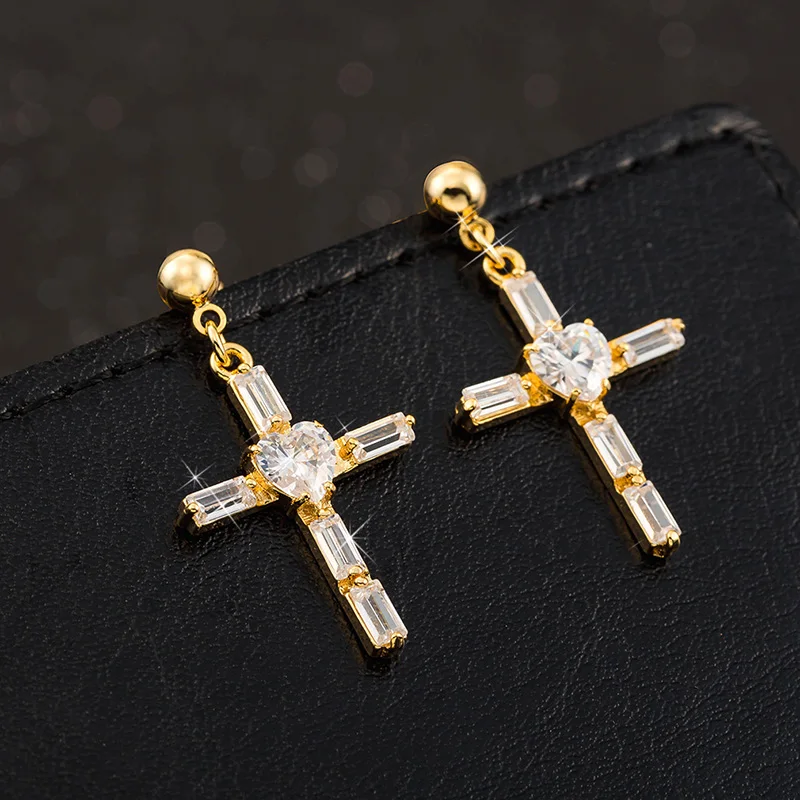 

New Fashion Heart Cross Earrings For Women Crystal Dangle Earrings Rhinestone Gold Long Women Earrings 2019 Religion Jewelry