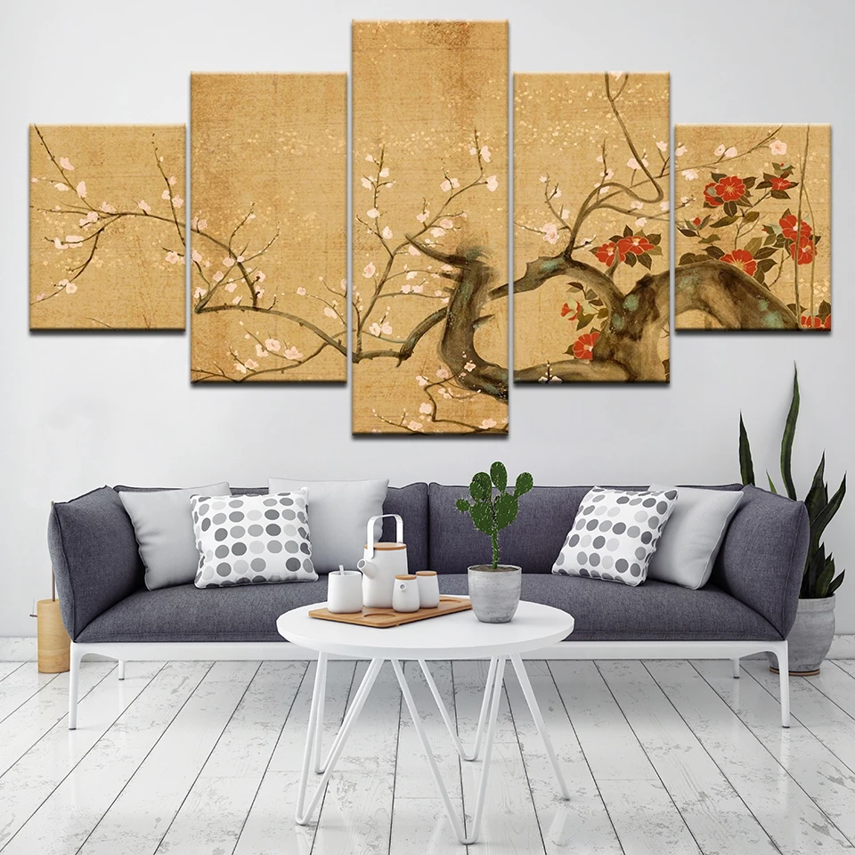 5 Panel Red Plum Blossom Flowers Wall Poster For Living