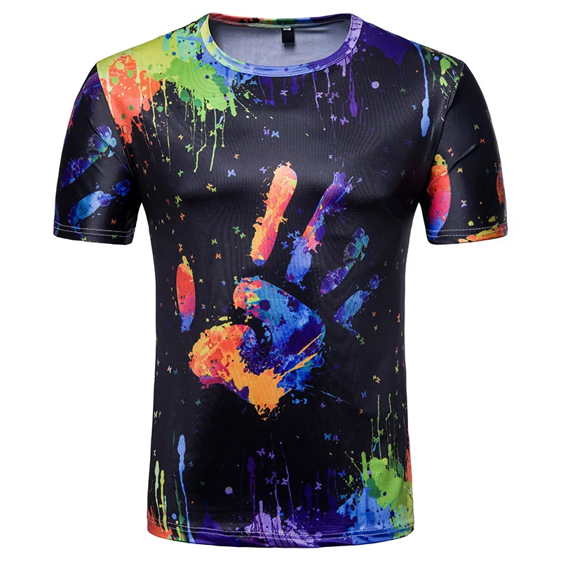 

2019 New Men's T-Shirt Summer New Products Ink Print T-Shirt Palm Print Street Graffiti Casual Round Neck Short Sleeve T-Shirt