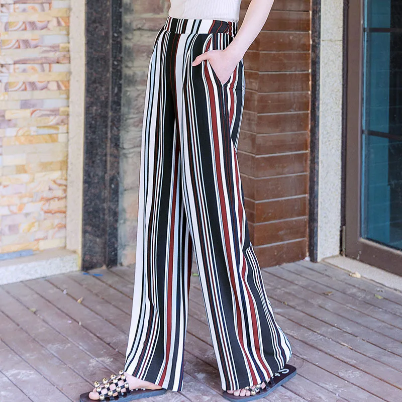

Flexible Chiffon wide-legged Pants with coloured Vertical wide-legged pants with loose Waist and Large-sized
