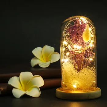 

Led Cooper Wire Gypsophila Dried Flower Glass Cover Fairy Night Light Desk Decoration Lamp for Christmas New Year Gift Home Deco