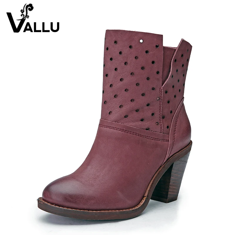 

2018 Vintage Handmade Shoes Women Boots High Heels Genuine Leather Cut Out Chunky Heel Women Ankle Boots