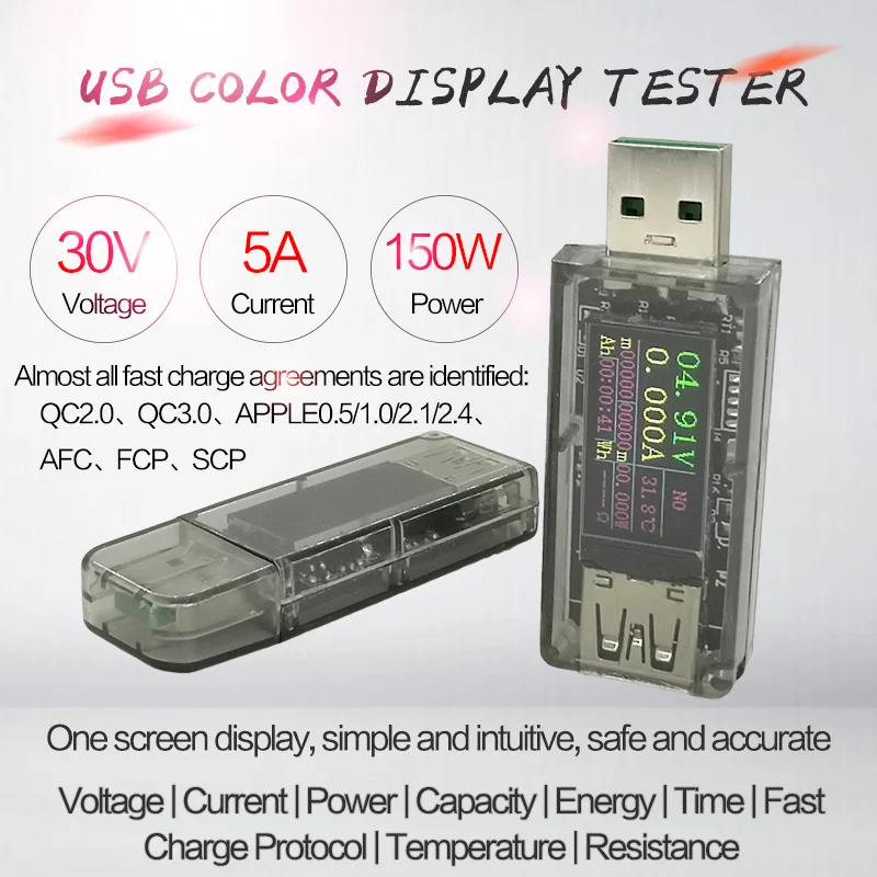 

DC Digital 30v 5A USB Tester Voltage current power capacity Meter QC 2.0 3.0 FCP AFC DCP Detector power bank charger indicator