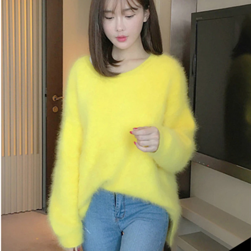 

New Fashion Women Fluffy Mink Cashmere Round Neck Loose Fashion Warm Mink Cashmere Sweater Women Thicken Long Sleeve Sweater