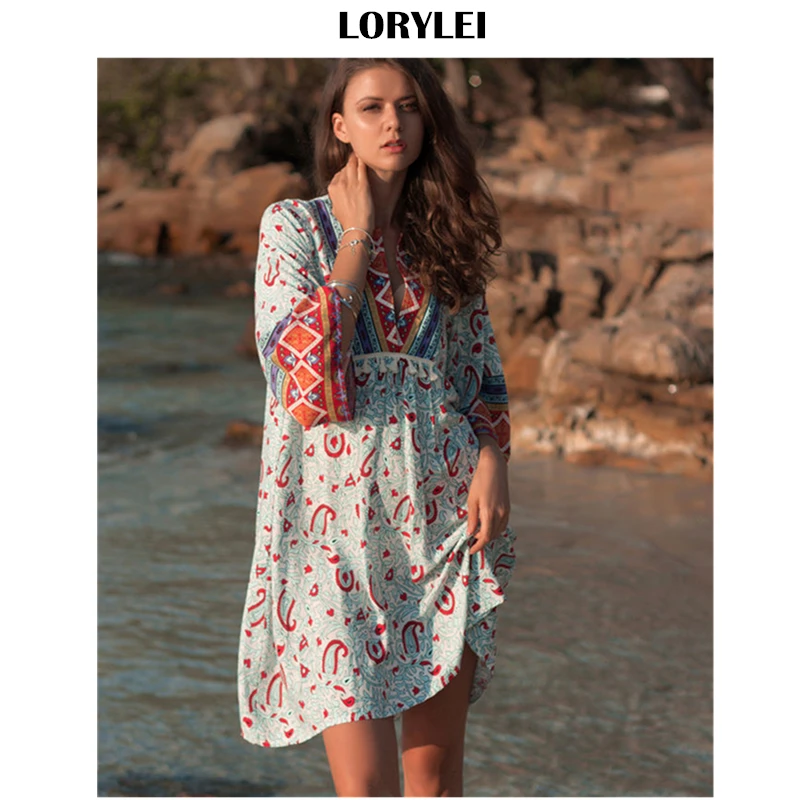 

2019 Bohemian Printed Deep V-Neck Three Quarter Sleeve High Waist Summer Beach Dress Plus Size Women Beachwear Mini Dress Q723