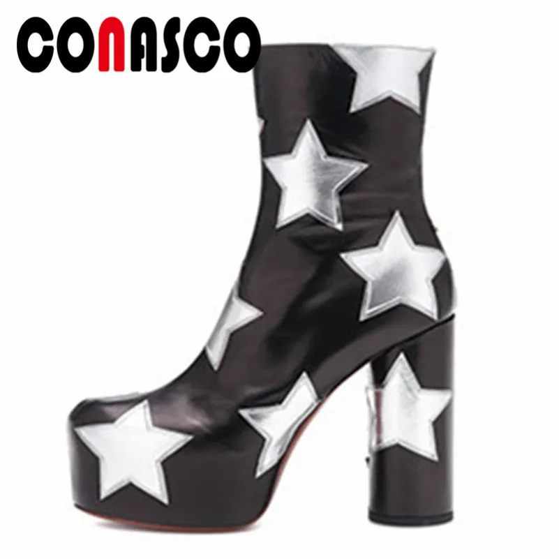 

CONASCO Women Genuine Leather Square High Heels Ankle Boots Fashion Party Night Club Shoes Woman Warm Autumn Winter Boots Shoes