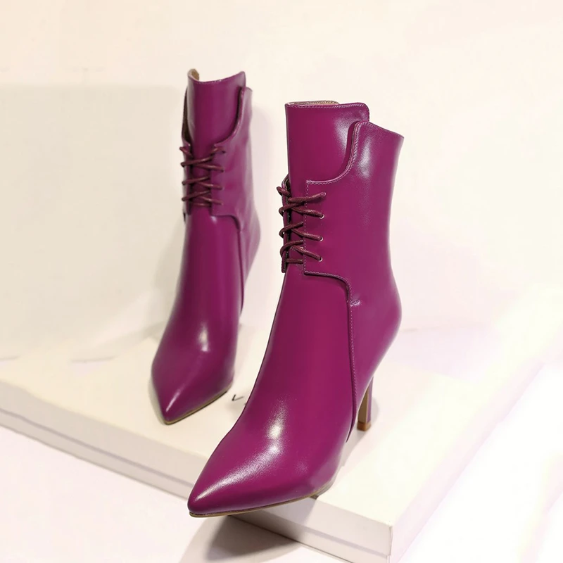 [DEAT] New Autumn Winter Sharp Toe Zipper Personality Pu Leather Single Women Thin High Heels Short Boots Fashion 10D451