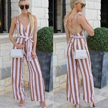 

Women Ladies Sexy Strap Slim Sleeveless Bodycon Jumpsuit Stripes Bandage Long Pant Trousers Clubwear New