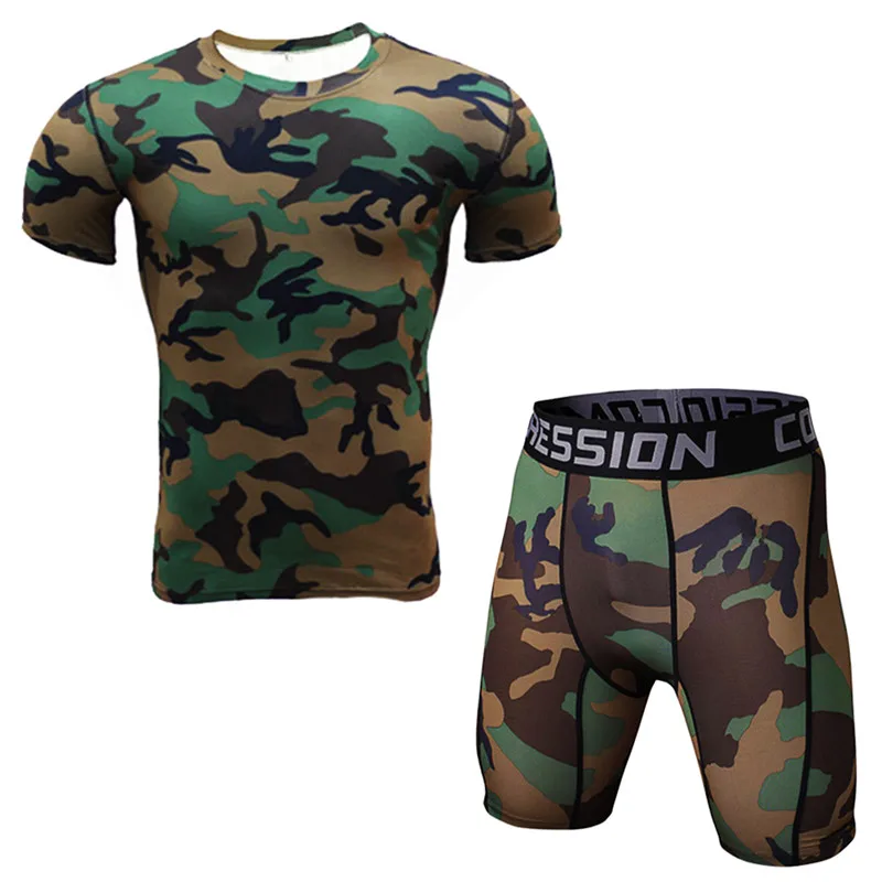 Камуфляжная футболка комплект Для мужчин с коротким-Футболка с рукавами + шорты колготки Для мужчин компрессионный костюм тренировки