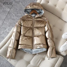 FTLZZ Silver Pink Down Coat Winter Jacket Women Hooded White Duck Down Parkas Female Loose Double Sided Waterproof Outerwear