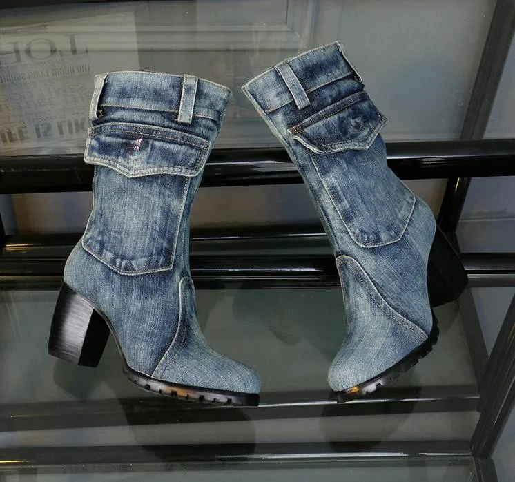 Новая парусиновая женская обувь, зимние женские ботинки на высоком каблуке, грубые ботинки из джинсовой ткани, ботинки-мартинсы средней