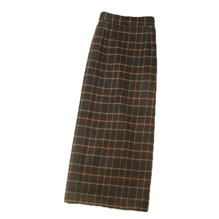 

plus size 2XL High Waist Wool Long Skirt Women Winter New Fashion Split Pencil Skirt cashmere Warm Plaid Woolen Skirts
