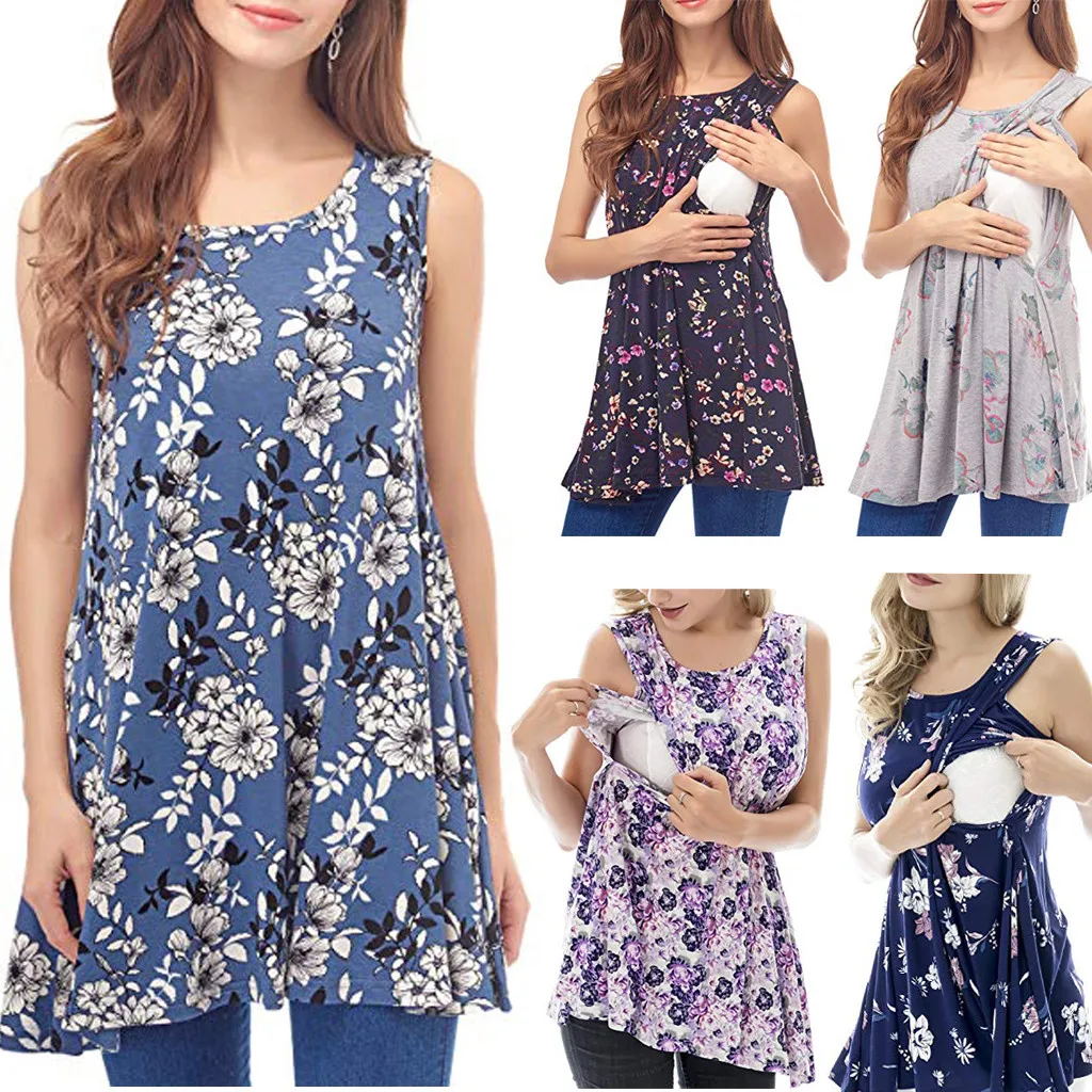 

Women Pregnant Sleeveless Floral Tops Breastfeeding Nusring Maternity Clothes