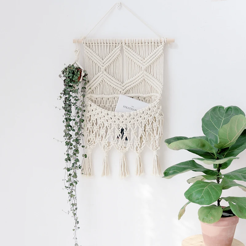

Ins Nordic Tapestry Hand-woven Wall Hanging Net Pocket Storage Cover Electric Meter B&B Decoration