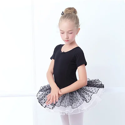 Балетное платье-пачка для девочек; Детские гимнастические фатиновые трико с юбкой; розовые и черные балетные костюмы с юбкой-пачкой в горошек - Цвет: short sleeve