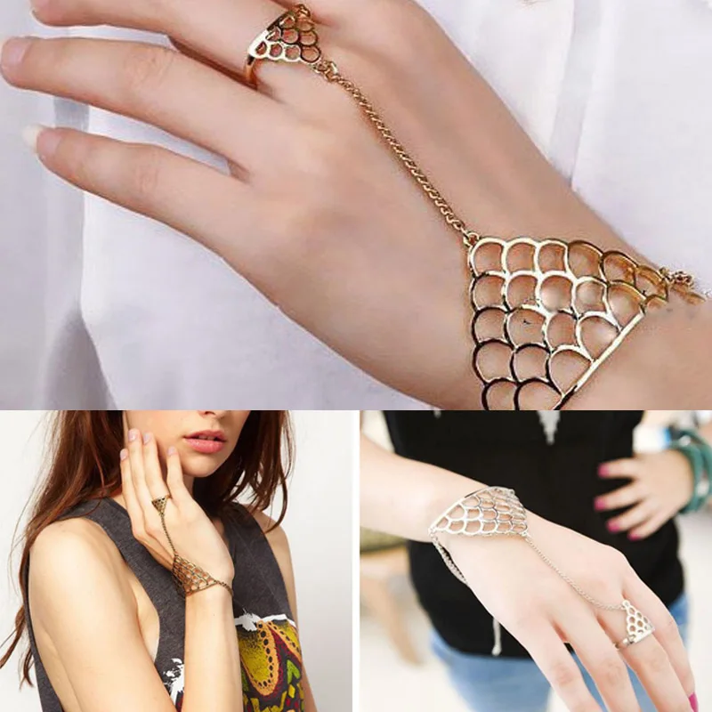 

Women OL Punk Rock Retro Hollow Fish Scales Wrist Finger Harness Hand Chain Bracelet Jewelry 8 TT@88