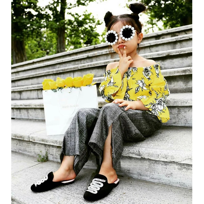 

Summer girls blouse+check pants kids 2 pcs set children fashion suit baby streetwear floral check elastic shoulderless 1 to 6 yr