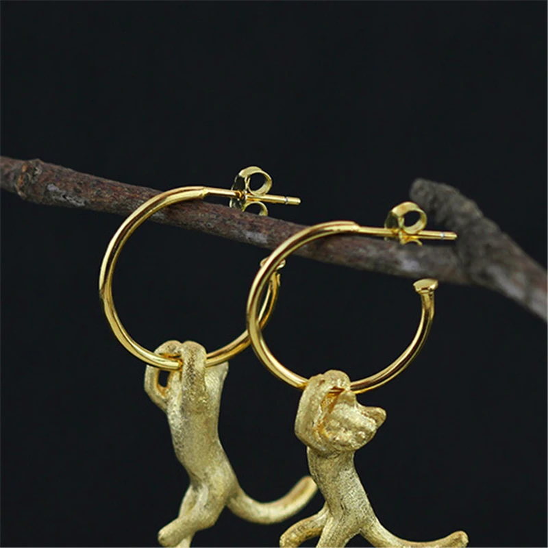 Lotus Fun Real 925 Sterling Silver Natural Creative Handmade Fine Jewelry Cute Kung Fu Cat Drop Earrings for Women Brincos