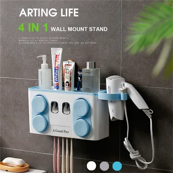 

Bathroom Toothbrush Holder Wall Mounted Automatic Toothpaste Dispenser Hands Free Squeezer Toothbrush Holder Hair Dryer Stand