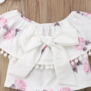 Summer New Toddler Kids Girl Clothes Off shoulder Floral Tassel Ball Bowknot Tops+Denim Shorts Hot Pant Jean 2PCS Children Set 3