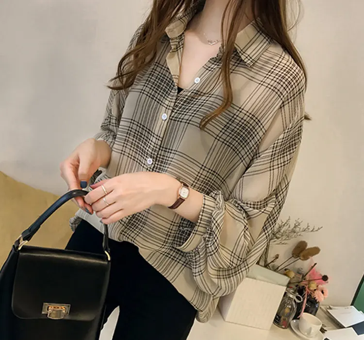 2019 Autumn Chic Plaid Shirts Women Batwing Sleeve Chiffon Blouses Casual Chemise Femme Tops Plus Size Tartan Blusas Mujer (7)