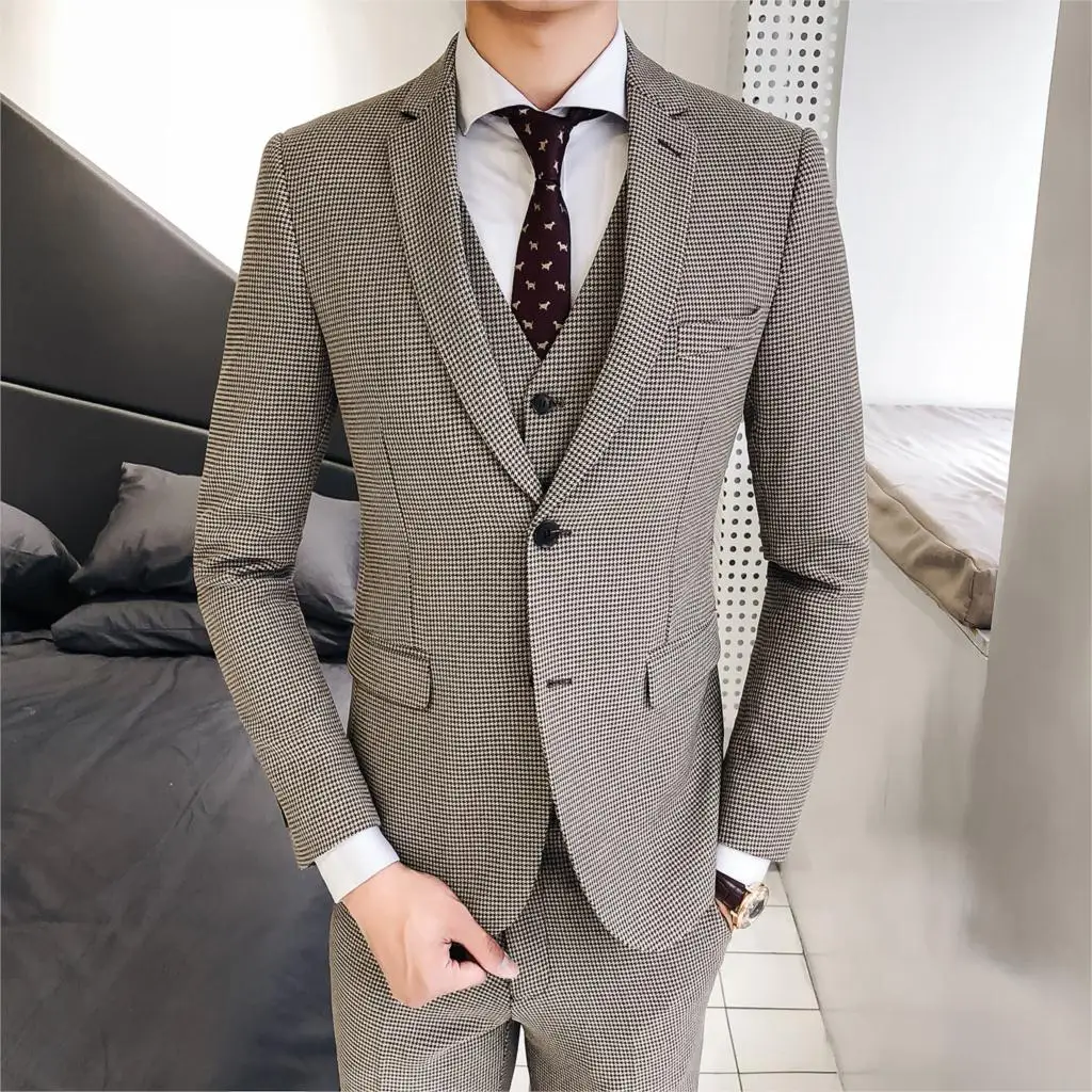 Best Price of  Loldeal Free hot men's houndstooth slim double buckle suit Mens gray Groom Tuxedos( jacket+Pants+ve