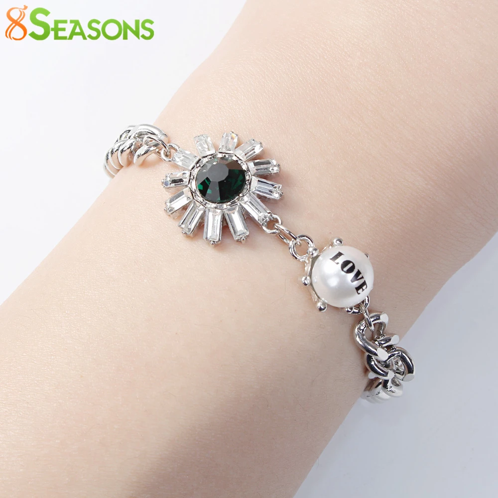 

8SEASONS Zinc Alloy Fashion Bracelets Flower Created Gem Acrylic Imitation Pearl Love Letters Single Buckle Chain 18cm, 1 PC