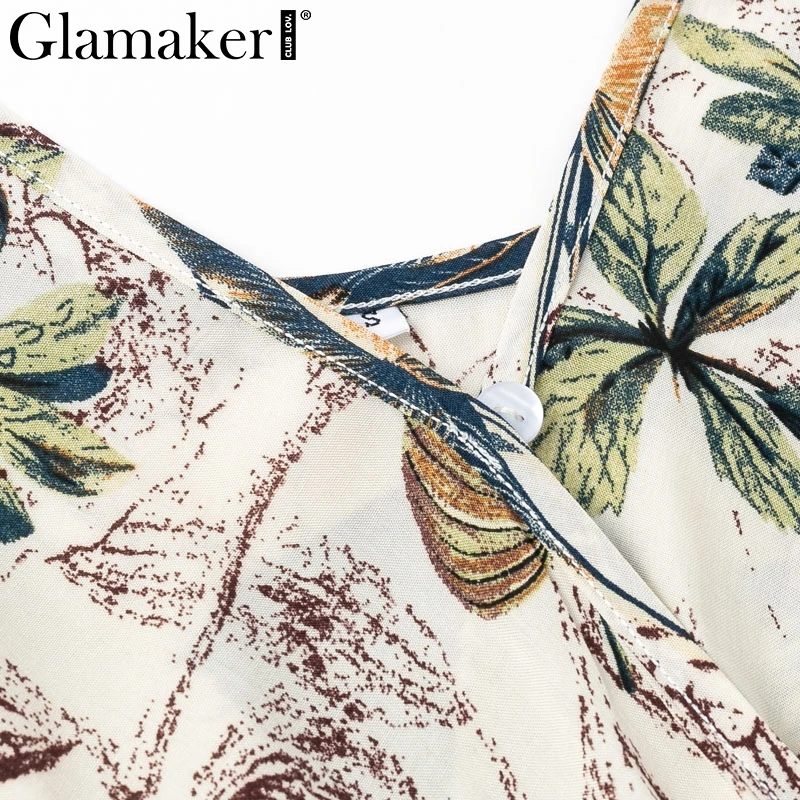 Glamaker Floral print women jumpsuit&romper Sexy V neck backless boho jumpsuit Women split belt spring party playsuit overalls