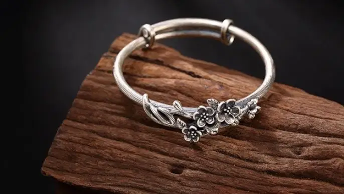 

JOOCHEER Sterling S925 925 silver Bangle plum blossom vintage ethnic bracelet size adjustable