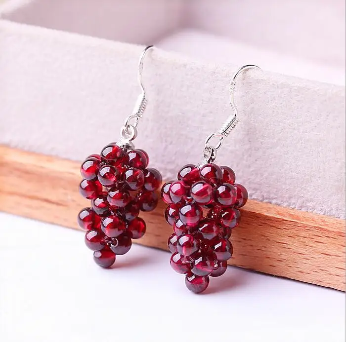 

Natural crystal garnet grape earrings female 925 silver ear hook fashion jewelry drop earring