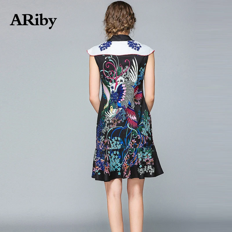 Women Dress Summer Party Dress 2019 New Sleeveless Slimming Lotus Leaf Stitching Printed Turn-down Collar Mini Dress Vestidos