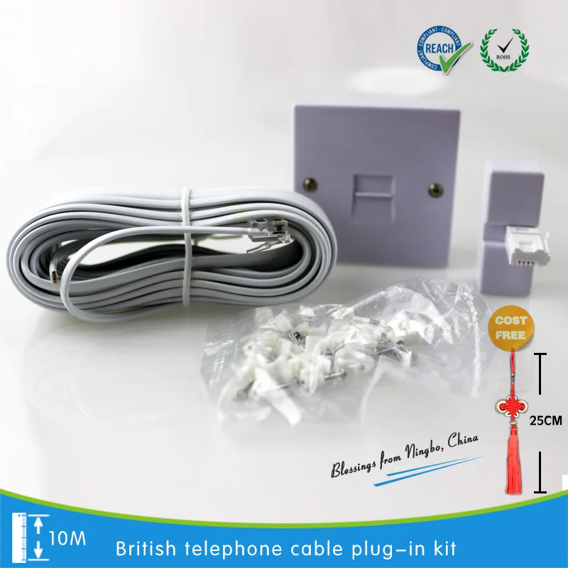 

10M British telephone line with plug-in kit copper cable REACH ROHS white RJ11 6P4C telephone line manufactory