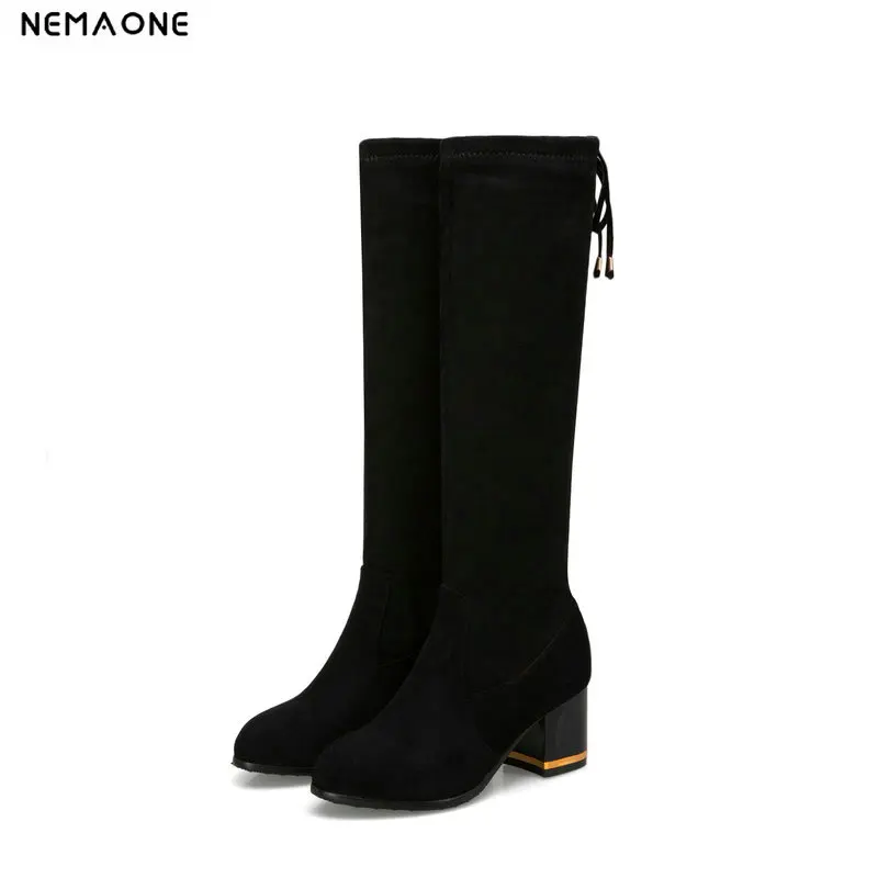 

2019 New high square Heels over the knee boots woman rouned toe ladies Boots party dress shoes woman black red large Size 43